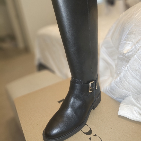 Coach Shoes - Coach Black Leather Riding Boots With Gold Buckle Accent